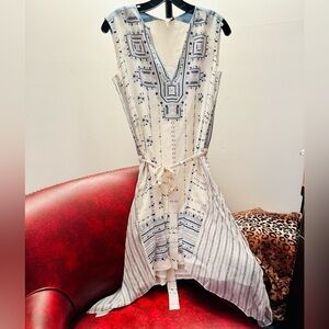 BCBGMAXAZRIA RUNWAY Agnes Tie-front Blue and White 100% Silk Dress, XS